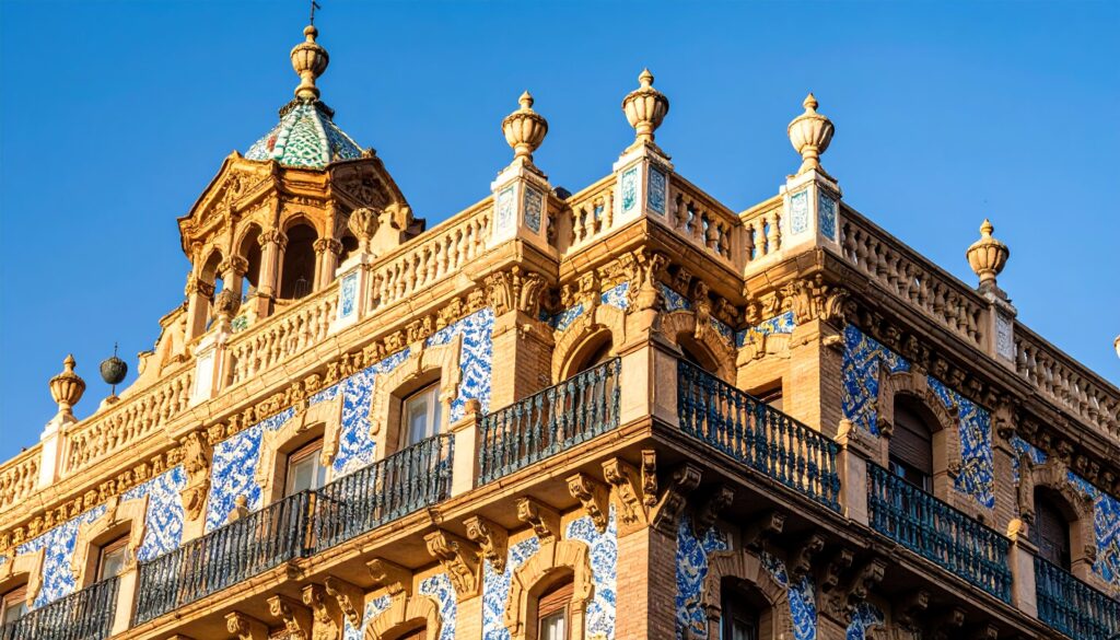 Spanien Reiseblog: Tele-Detail einer Kachelfassade mit sanftem Schattenspiel